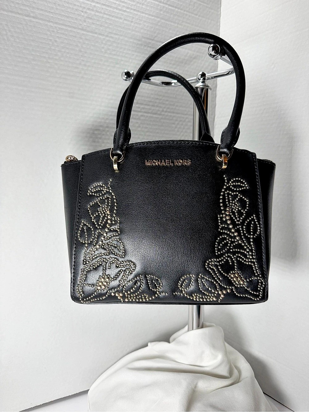 Michael Kors Ellis Satchel Black Leather w/Gold Stud Floral Design Handbag